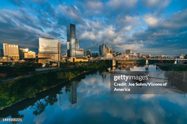 Sunset to night view of Nashville Skyline as seen over the Cumberland River.