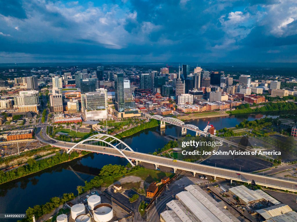 Sunrise view of Nashville Skyline as seen over the Cumberland River
