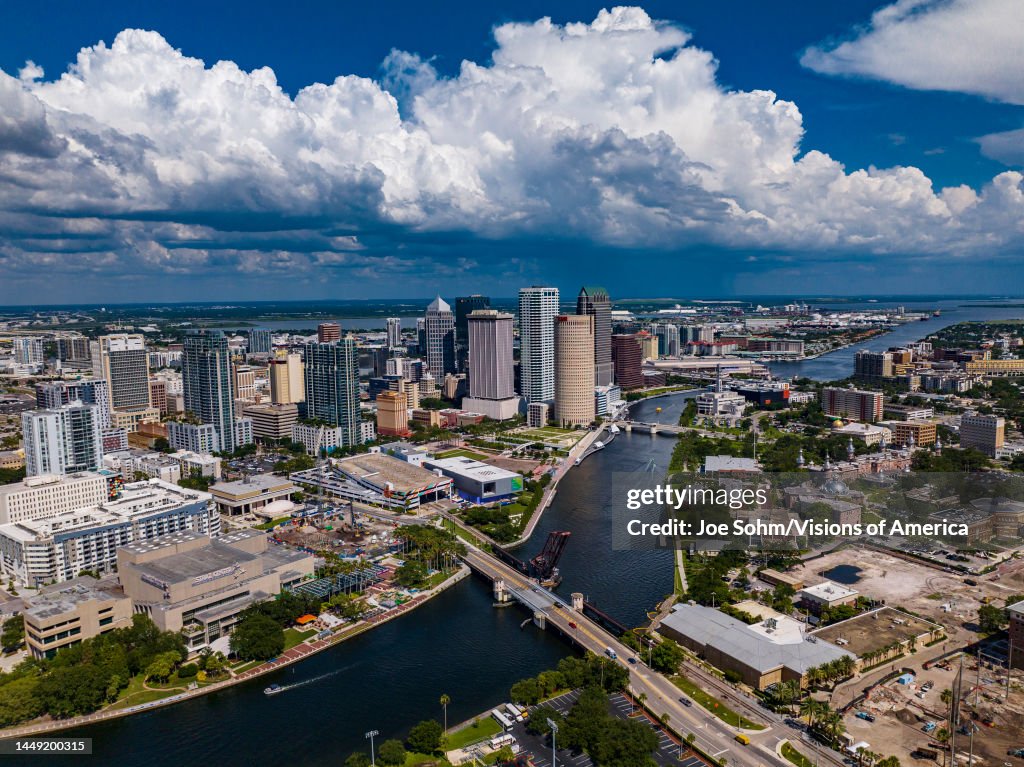 Aerial drone View of sprawling Tampa Bay Skyline, Florida