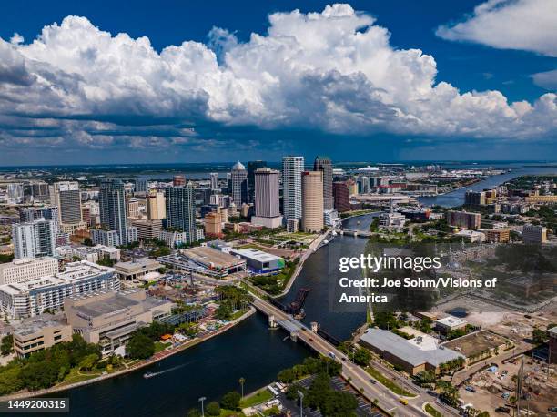 Aerial drone View of sprawling Tampa Bay Skyline, Florida.