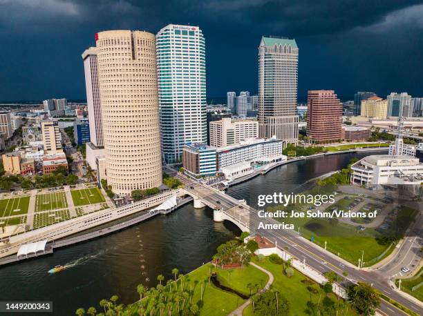 Aerial drone View of sprawling Tampa Bay Skyline, Florida.