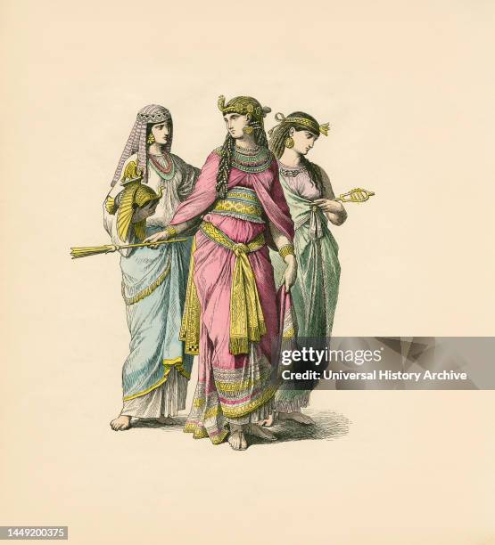 Egyptian Queen with Two Noblewomen, Ancient Near East, Illustration, The History of Costume, Braun & Schneider, Munich, Germany, 1861-1880.