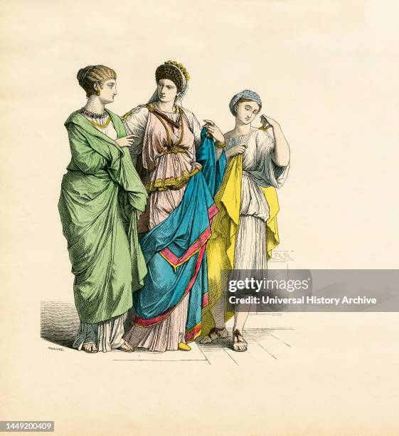 Two Roman Noblewomen with Slave Girl, Ancient Rome, Illustration, The History of Costume, Braun & Schneider, Munich, Germany, 1861-1880.