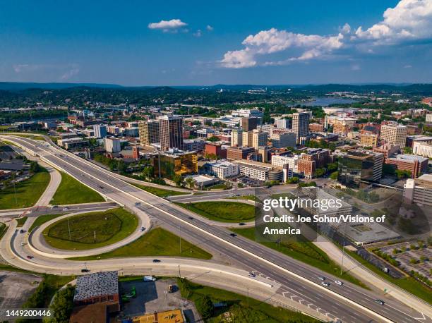 Drone view of Chattanooga and the Tennessee River, Tennessee .