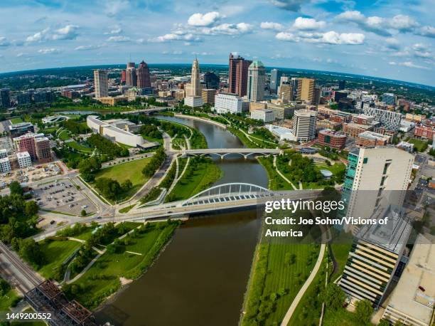 Skyline view of bridges crossing Scioto River that runs through Columbus, Ohio.