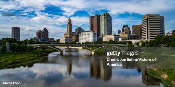 Skyline view of bridges crossing Scioto River that runs through Columbus, Ohio.