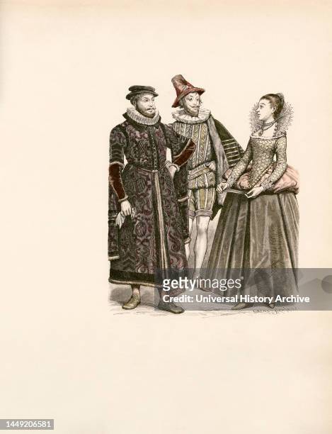 London Merchant, Cavalier , Lady of Queen Elizabeths Court, England, 16th century, Illustration, The History of Costume, Braun & Schneider, Munich,...