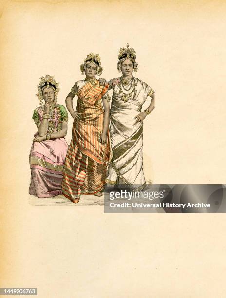 Actresses from Jaffna, Ceylon , Late 19th Century, Illustration, The History of Costume, Braun & Schneider, Munich, Germany, 1861-1880.
