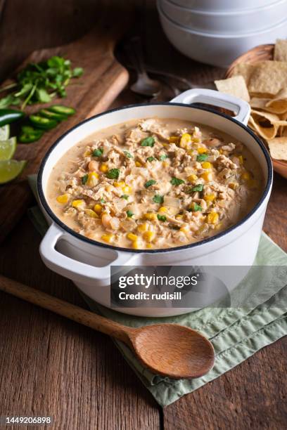 white chicken chili - comfort food stock pictures, royalty-free photos & images