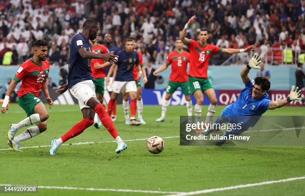 Randal Kolo Muani of France scores the team's second goal during the FIFA World Cup Qatar 2022 semi final match between France and Morocco at Al Bayt...