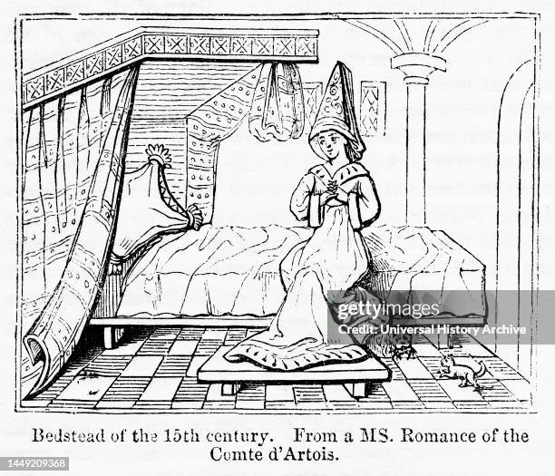 Bedstead of the 15th Century, Illustration from the Book, "John Cassel’s Illustrated History of England, Volume II", text by William Howitt, Cassell,...