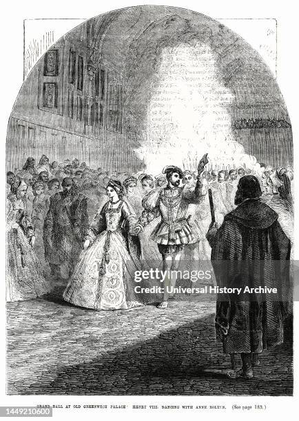Grand Ball at Old Greenwich Palace, Henry VIII dancing with Anne Boleyn, Illustration from the Book, "John Cassel’s Illustrated History of England,...