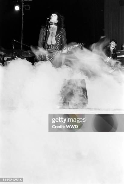Peter Criss , Paul Stanley, and Ace Frehley of KISS perform onstage during the launch party for Casblanca Records at the Century Plaza Hotel in Los...