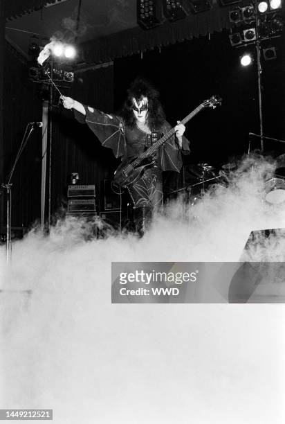 Gene Simmons of KISS performs onstage during the launch party for Casblanca Records at the Century Plaza Hotel in Los Angeles, California, on...