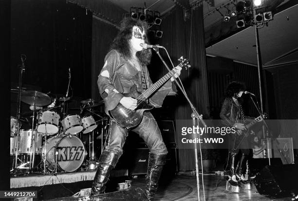 Peter Criss, Gene Simmons, and Paul Stanley of KISS perform onstage during the launch party for Casblanca Records at the Century Plaza Hotel in Los...