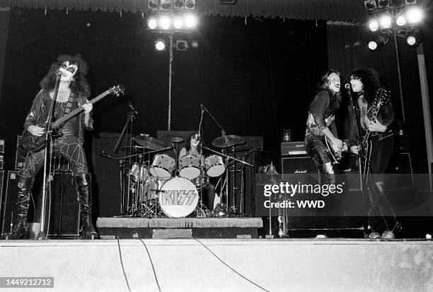 Gene Simmons, Peter Criss, Ace Frehley, and Paul Stanley of KISS perform onstage during the launch party for Casblanca Records at the Century Plaza...