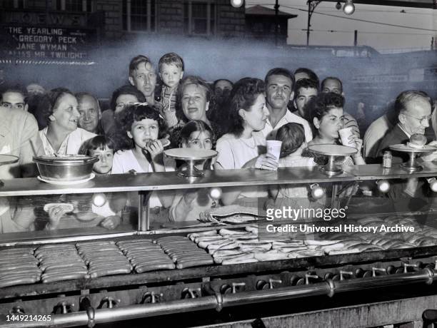 Group of People lined up at Counter, Nathans Famous Hot Dogs, Coney Island, Brooklyn, New York City, New York, USA, Al Ravenna, New York...