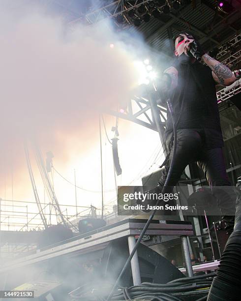 Singer Marilyn Manson performs during the 2012 Rock On The Range festival at Crew Stadium on May 20, 2012 in Columbus, Ohio.