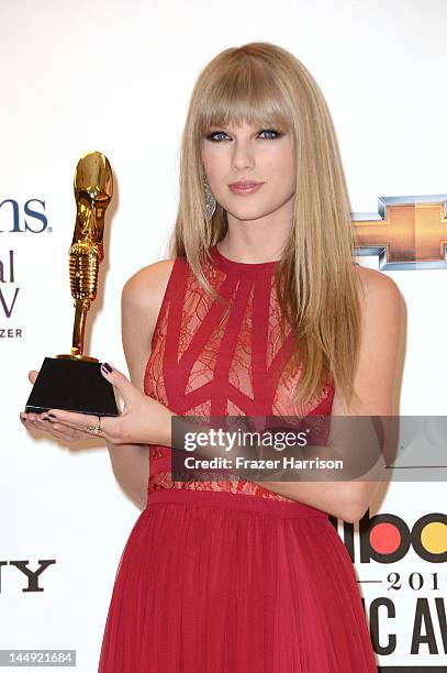 Singer Taylor Swift, winner of the Woman of the Year award, poses in the press room at the 2012 Billboard Music Awards held at the MGM Grand Garden...