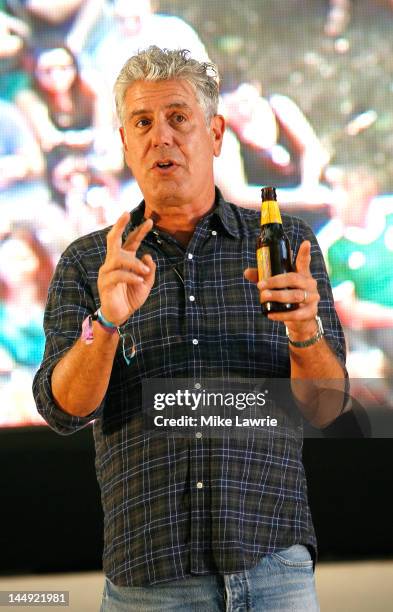 Personality Anthony Bourdain speaks at the Great Googa Mooga 2012 at Prospect Park on May 20, 2012 in the Brooklyn borough of New York City.