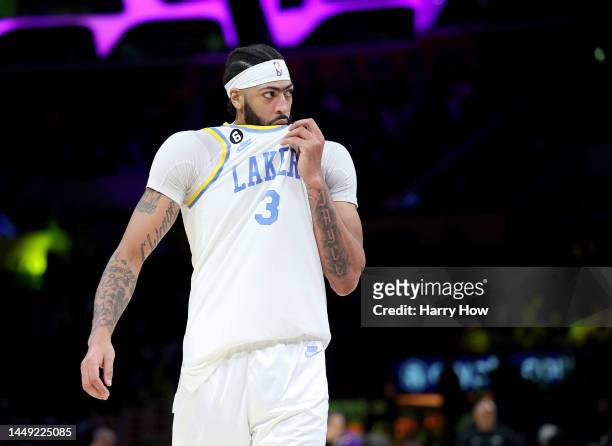 Anthony Davis of the Los Angeles Lakers reacts during a 122-118 BostonCeltics overtime win at Crypto.com Arena on December 13, 2022 in Los Angeles,...