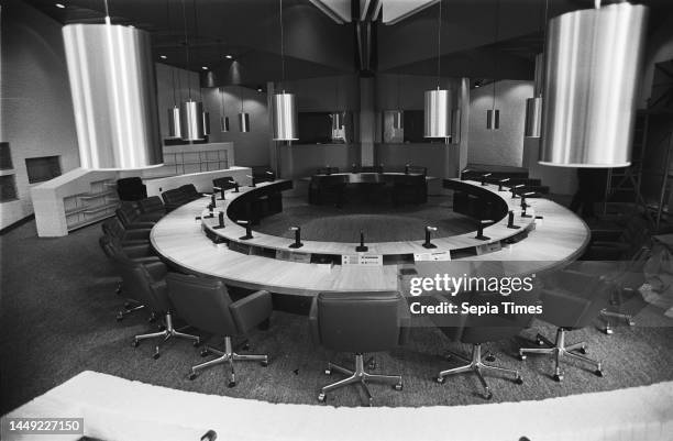 New wing of Peace Palace in The Hague where the internal judges sit; interior meeting room, March 30 RIGHTS, palaces, The Netherlands, 20th century...