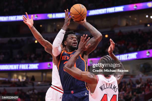 Julius Randle of the New York Knicks is fouled on a shot by Patrick Williams of the Chicago Bulls during the first half at United Center on December...