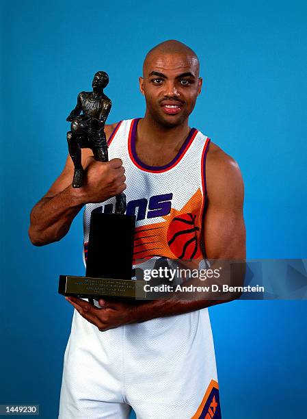 Charles Barkley of the Phoenix Suns poses for a portrait with his 1992-93 Most Valuable Player trophy during the 1993 NBA Finals in Phoenix, Arizona....