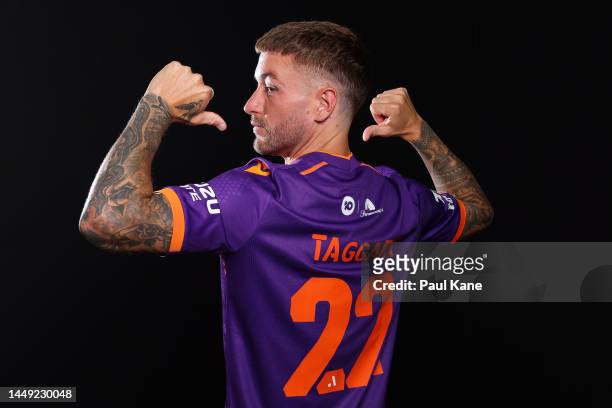 Adam Taggart poses during a Perth Glory A-League Men's media opportunity at the Walyalup Civic Centre on December 15, 2022 in Fremantle, Australia.