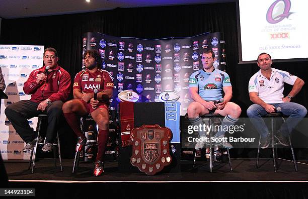 Queensland Coach Mal Meninga and Sam Thaiday along with New South Wales captain Paul Gallen and coach Ricky Stuart speak to the media during a State...