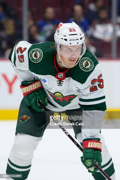 Jonas Brodin of the Minnesota Wild waits for a face-off during the second period of their NHL game against the Vancouver Canucks at Rogers Arena on...