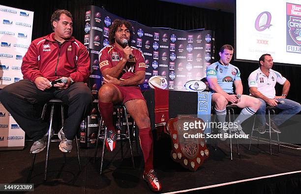 Queensland coach Mal Meninga and Sam Thaiday along with New South Wales captain Paul Gallen and coach Ricky Stuart speak to the media during a State...
