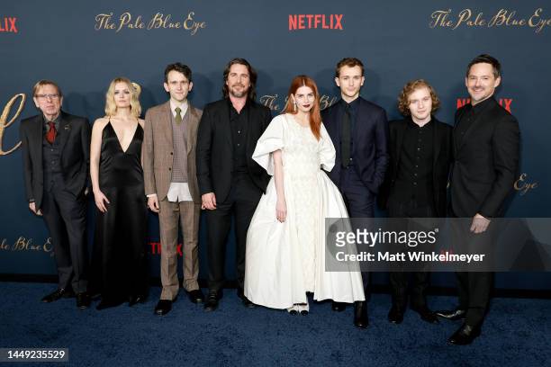 Timothy Spall, Hadley Robinson, Harry Melling, Christian Bale, Lucy Boynton, Harry Lawtey, Fred Hechinger, and Scott Cooper attend "The Pale Blue...