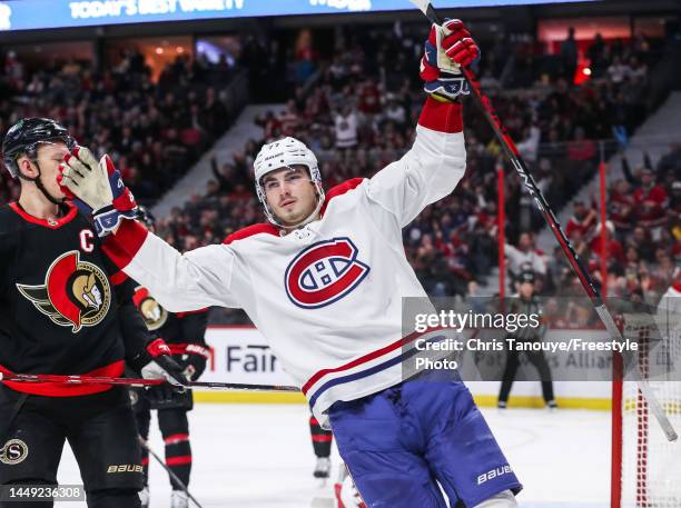 Kirby Dach of the Montreal Canadiens celebrates his third period goal against the Ottawa Senators at Canadian Tire Centre on December 14, 2022 in...