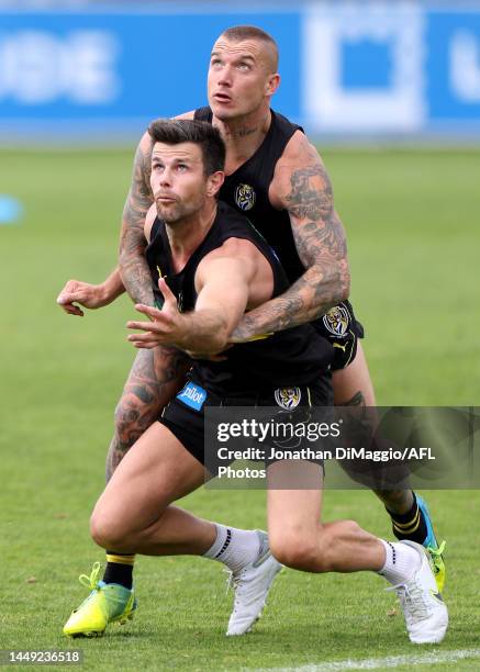 Trent Cotchin and Dustin Martin are pictured contesting for a mark during a Richmond Tigers AFL training session at Punt Road Oval on December 15,...