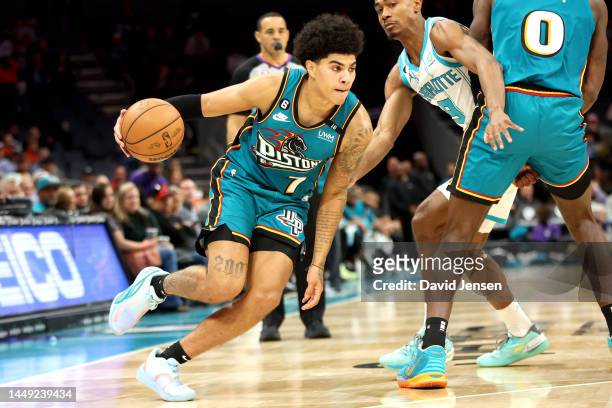 Killian Hayes of the Detroit Pistons drives to the basket during the second half against the Charlotte Hornets at Spectrum Center on December 14,...