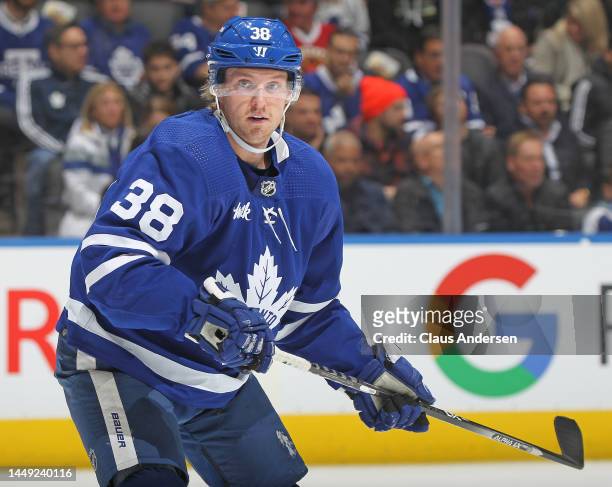 Rasmus Sandin of the Toronto Maple Leafs skates against the Anaheim Ducks during an NHL game at Scotiabank Arena on December 13, 2022 in Toronto,...