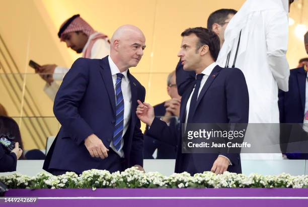 President of France Emmanuel Macron, FIFA President Gianni Infantino attend the FIFA World Cup Qatar 2022 semifinal match between France and Morocco...