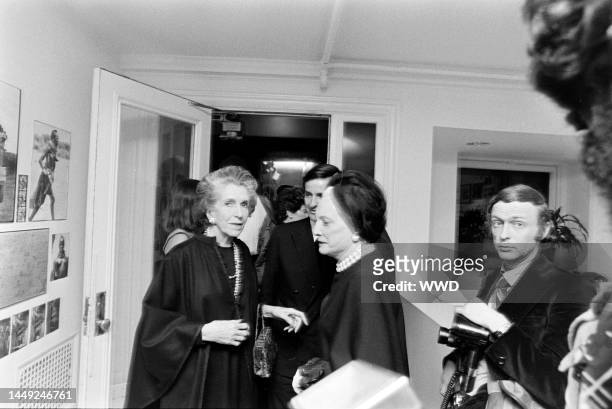 Marion Fields, Paul Methuen , and Dorothy Hammerstein attend the opening of an exhibition at the Blum-Helman Gallery in New York City on November 10,...