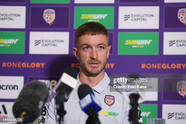 Adam Taggart addresses the media during a Perth Glory A-League Men's media opportunity at the Walyalup Civic Centre on December 15, 2022 in...