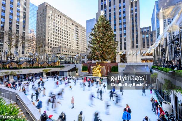 View of the Rockefeller Plaza ice skating rink with the annual Christmas tree on December 14, 2022 in New York City.