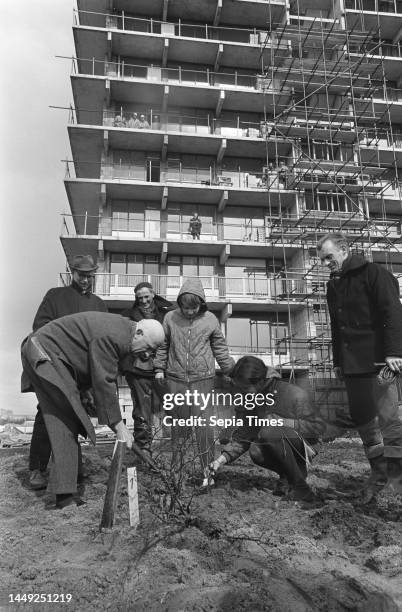 Schoolchildren plant trees in Bijlmermeer. Alderman Koets lends a hand, April 3, 1968.