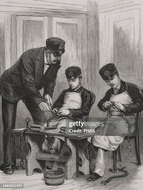 Prince Albert Victor and Prince George , sons of the princes of Wales, working in mechanical occupations of seamanship, on board the frigate HMS...