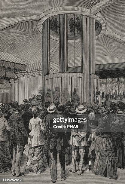 History of France. Paris. Universal Exhibition of 1878. It was held from May 1 to November 10, 1878. The elevators of the Trocadero Palace. Drawing...