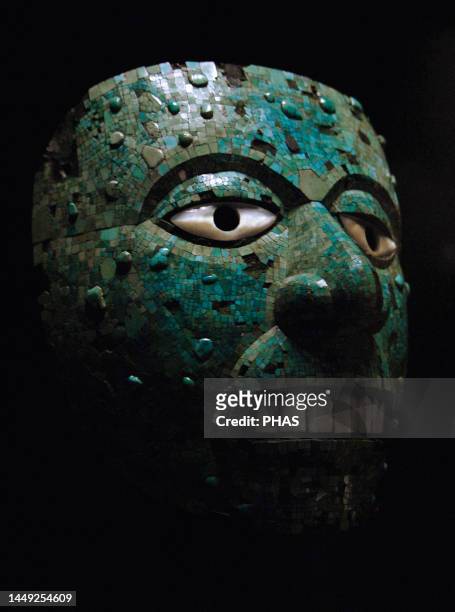 Pre-Columbian era. Mesoamerica. Mask. Human face, possible representing Xiuhtecuhtli, made of cedro wood and covered in turquoise mosaic....