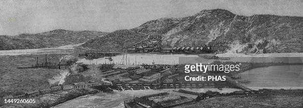 Colonialism in Asia. The partition of China. Panoramic view of Port Arthur. Colonial port ceded to Russia in 1898. Engraving by Capuz. La Ilustracion...