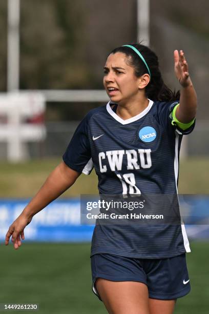 Anika Washburn of Case Western Reserve Spartans reacts to a play against the Johns Hopkins Blue Jays during the Division III Womens Soccer...