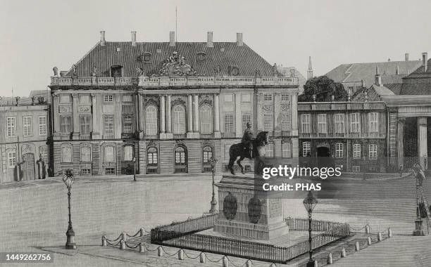 Copenhagen, Denmark. Amalienborg Palace. Royal residence. Engraving by Bernardo Rico. La Ilustracion Espanola y Americana, 1898.