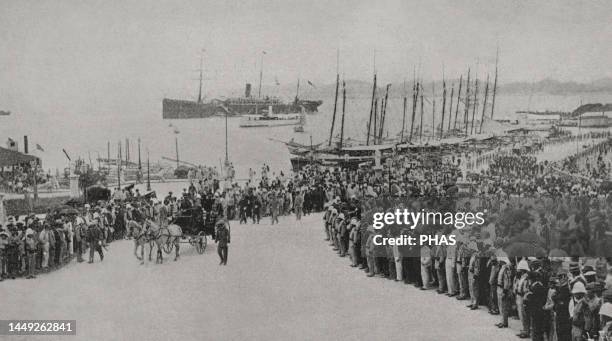 San Juan, Puerto Rico. Disembarkation of the governor and Captain General of Puerto Rico, Andres Gonzalez Munoz , on 11 January 1898. He took office...