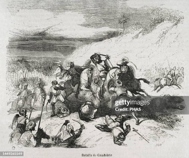 Battle of Guadalete . The Visigoth king Roderick was defeated by the Muslim Umayyad Caliphate led by Tariq ibn Ziyad. Engraving. Historia General de...